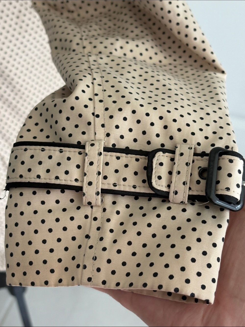 White House Black Market Beige Polka Dot Trench Coat with Black Trim with pocket - Picture 5 of 11